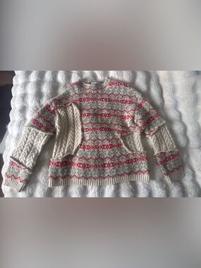 Zara- Chunky Knit Fair Isle Sweater in Cream with Red & Green Accents